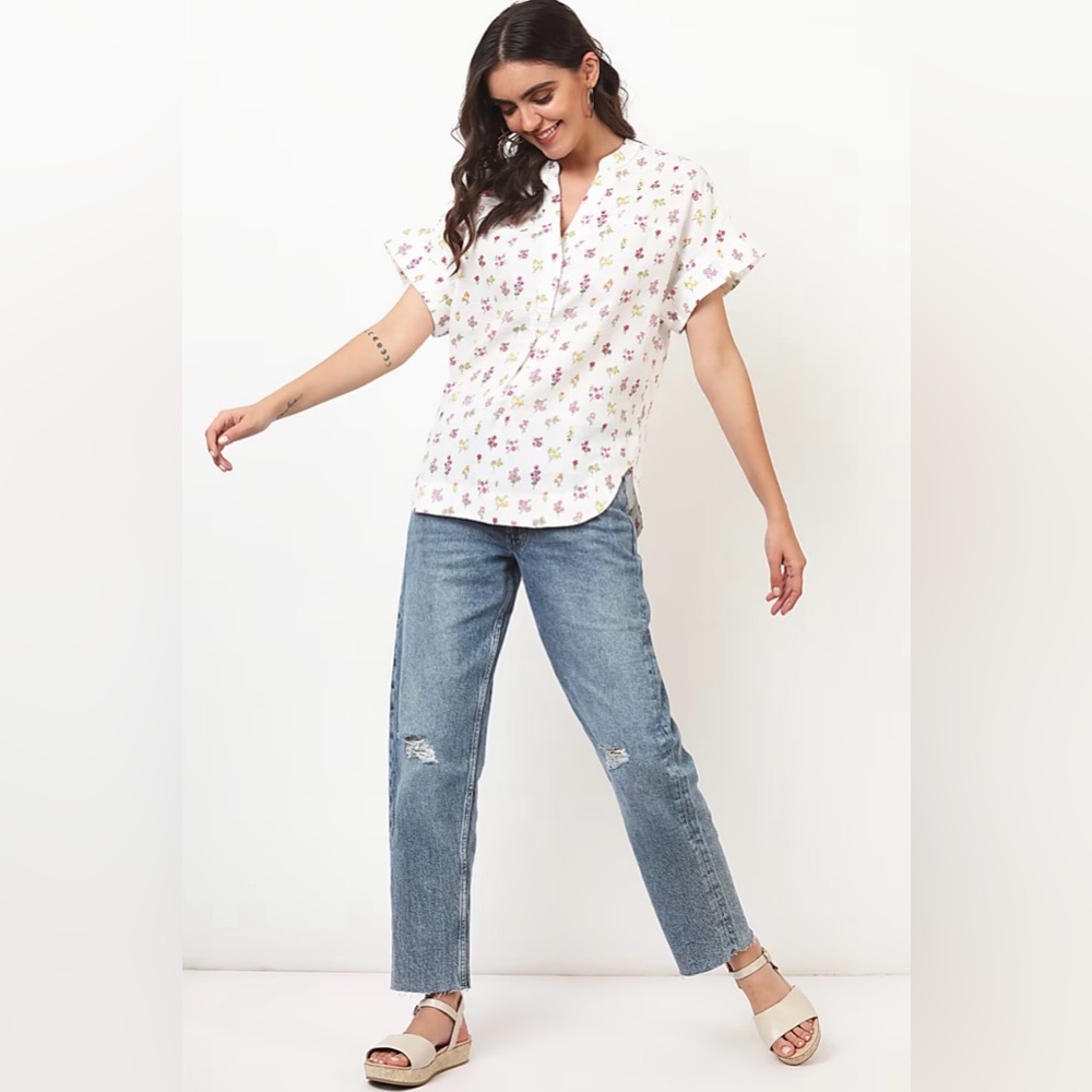 Pure Linen Floral Mandarin Collar Top